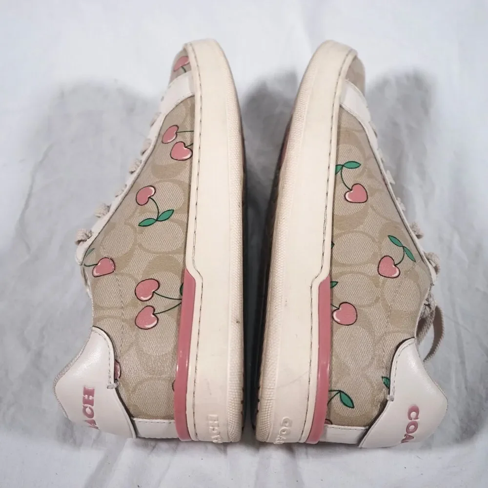 Coach Cherry All Over Print Sneakers Tan Beige Pink Women's 8.5B RARE
